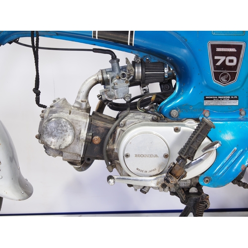 814 - Honda ST70 motorcycle. 1975. 72cc
Frame No. ST70-148344
Engine No. ST70E-141707
Engine turns over wi... 