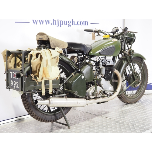 854 - BSA WM20 motorcycle. 1943. 591cc
Frame No. WM20.66457
Engine No. 3047
Runs and rides. This bike has ... 