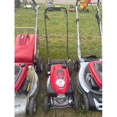 27 - Honda HRG416PKE petrol lawnmower, starts and runs. In working order