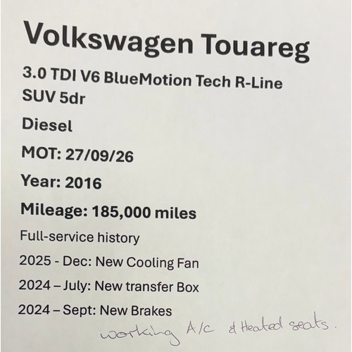 3035 - Volkswagen Touareg 3.0 TDi V6 Bluemotion Tech R Line. MOT until 27.09.26. Showing 185,000 miles. Reg... 