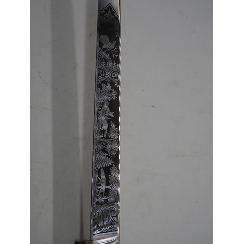 42 - German Hunting Dagger With Antler Horn Grip. Featuring a decorative pommel and cross guard with dog ... 