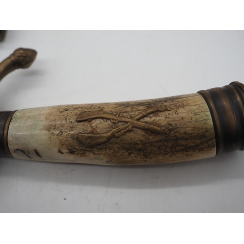 43 - German Hunting Dagger With Decorative Bone Grip Featuring a Brass Insignia of Crossed Rifles. Decora... 
