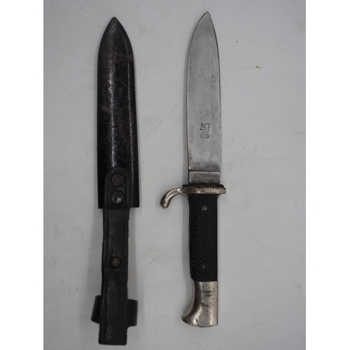 44 - German Hitler Youth Knife. With a black chequered textured grip featuring the diamond Swastika emble... 