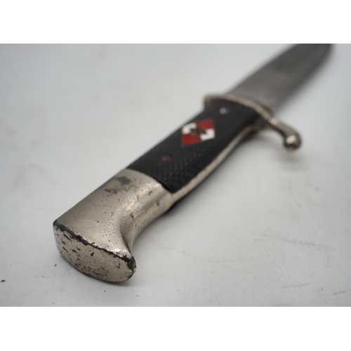 44 - German Hitler Youth Knife. With a black chequered textured grip featuring the diamond Swastika emble... 