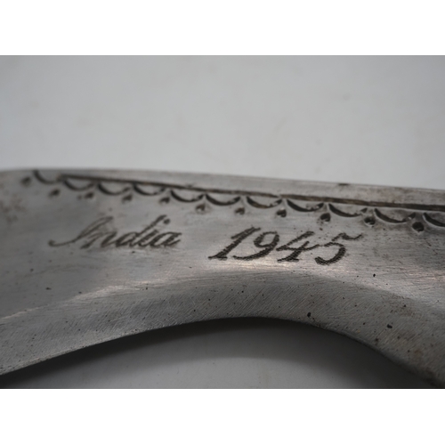 57 - Ghurkha Knife With a Bone Handle Grip. Complete with a leather scabbard with a single edged decorati... 