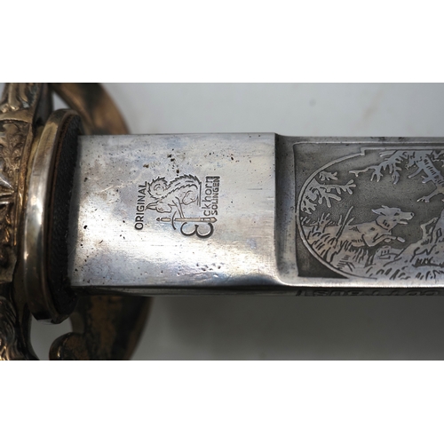 13 - German presentation Dagger / Cutlass. Bone handle with deer, eagle & swastika & acorn emblems. Compl... 