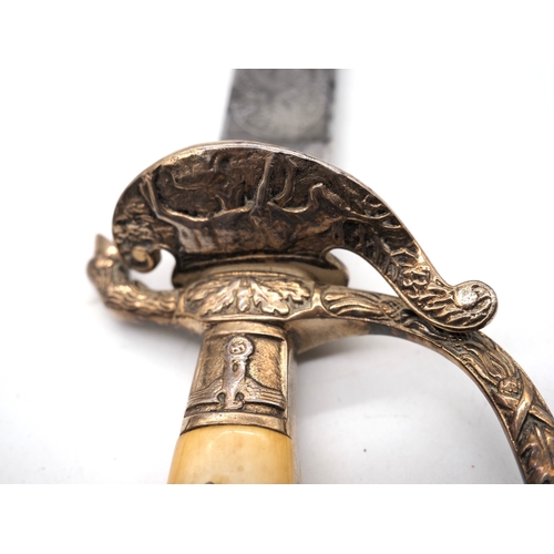 13 - German presentation Dagger / Cutlass. Bone handle with deer, eagle & swastika & acorn emblems. Compl... 