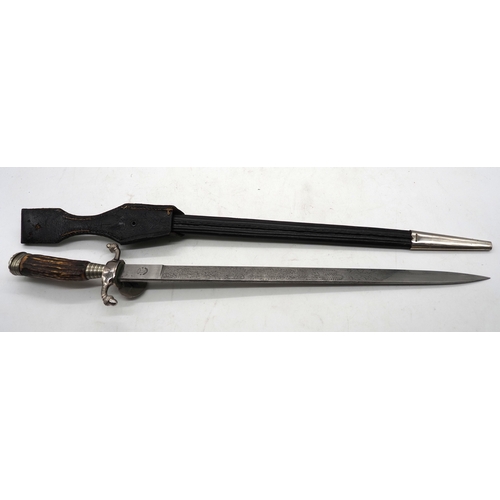 15 - Third Reich Shooting Association Dagger. With stag horn grip and brass crossed rifles inlaid. Nickel... 