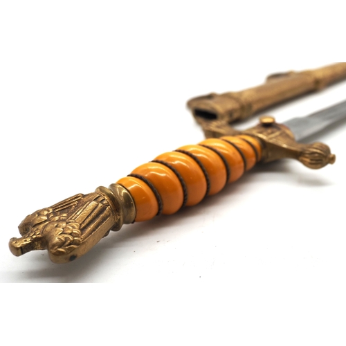 18 - WW2 German Kriegsmarine Naval Officers Dress Dagger.  By F W Holler, Solingen. Orange celluloid grip... 