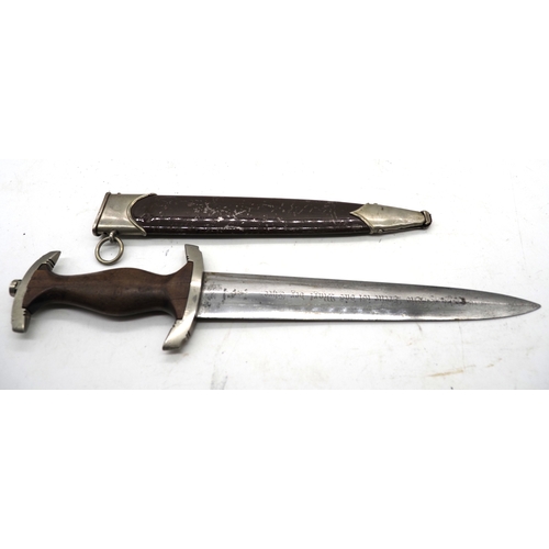 23 - Third Reich SA Dress Dagger. Dark wooden grip with eagle and enamel SA device inserted. Stamped 'WT'... 