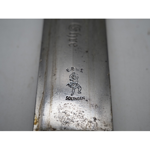 23 - Third Reich SA Dress Dagger. Dark wooden grip with eagle and enamel SA device inserted. Stamped 'WT'... 