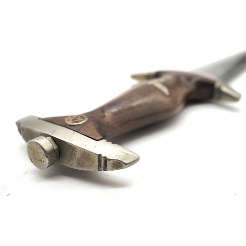 23 - Third Reich SA Dress Dagger. Dark wooden grip with eagle and enamel SA device inserted. Stamped 'WT'... 