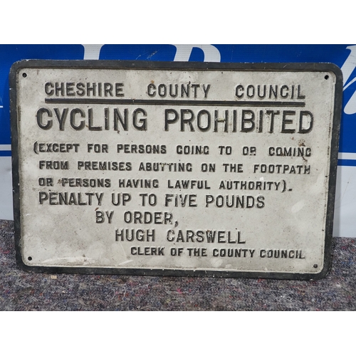 2 - Cast aluminium sign - Cheshire County Council Cycling Prohibited 12