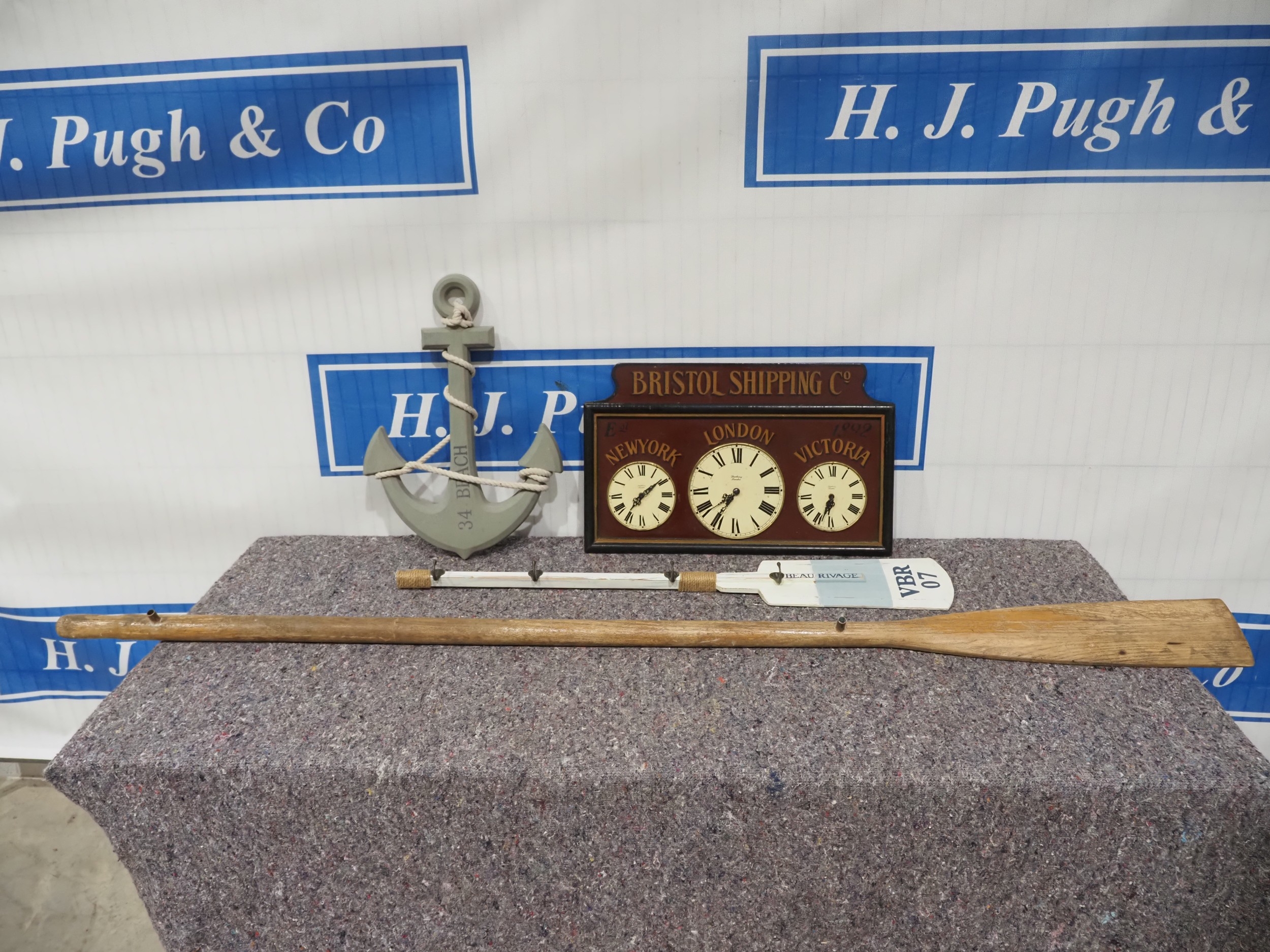 Bristol Shipping Co clocks, decorative anchor, oar hanger and oar