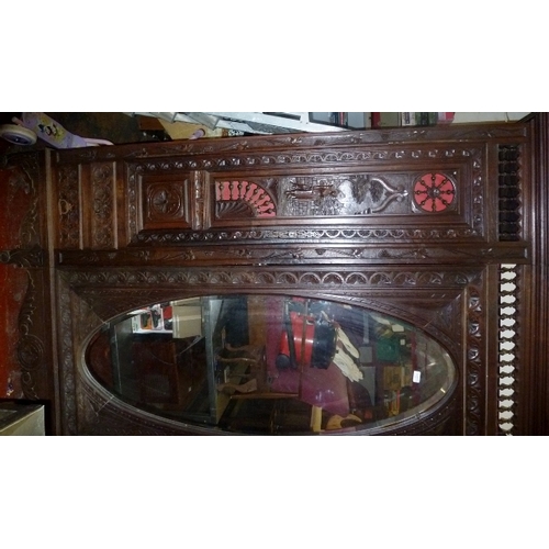 11 - Large Continental Heavily Carved Triple Wardrobe With Mirrored Door