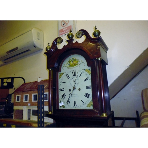 27 - Georgian Mahogany Grandfather Clock Dial By Wright'S Of Cambridge With Pendulum Weights And Key