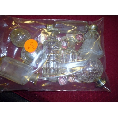 348 - Bag Of Glass Dressing Table Pots With Silver Tops