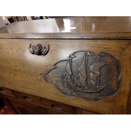 74 - Oak Carved Oriental Style Bureau