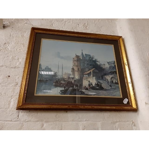 132 - Large Framed Print Of A Harbour Scene