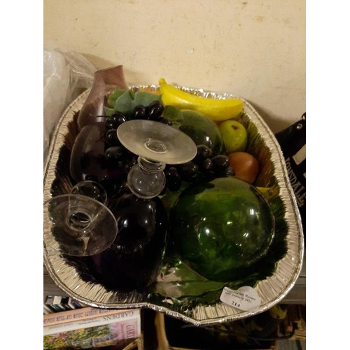 214 - Tray Of Glassware And Artificial Fruit Including Fishing Floats