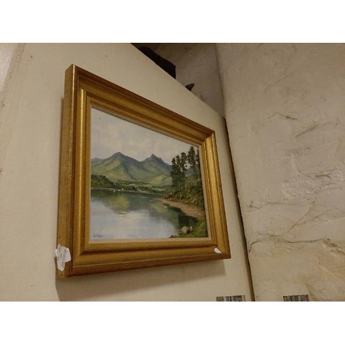 242 - Framed Oil Painting Of Mountains By A Lake