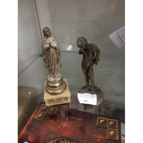 282 - Spelter Figurine Of Lourdes Plus Bronzed Figurine Of David Missing A Arm