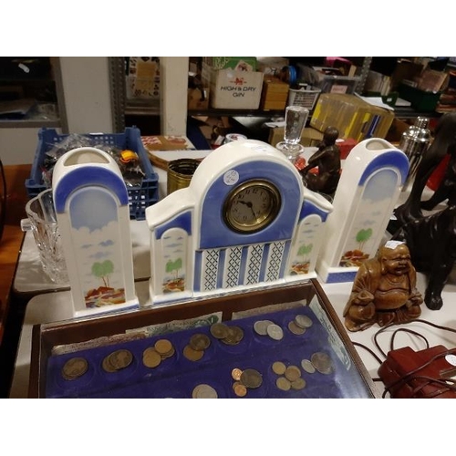 382 - Large Ceramic Art Deco Clock With Garnitures (1 Garniture A/F Hairline Crack And Chip To Back)