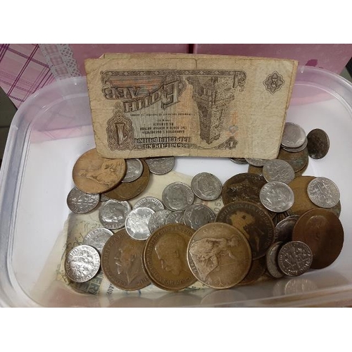 306 - Box Of Costume Jewellery And Tub Of Coins And Bank Notes