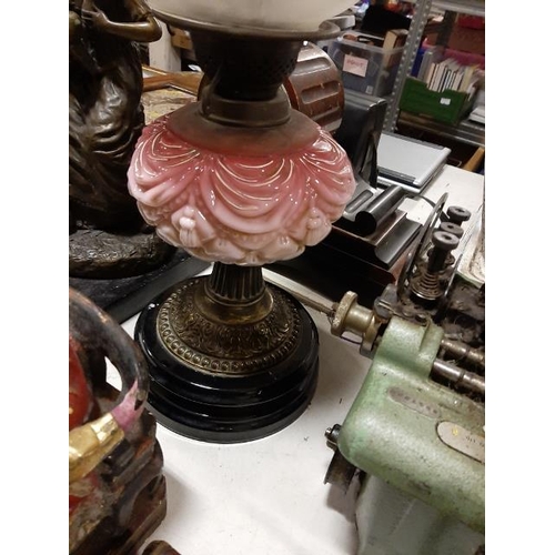 404 - Victorian Pink Vaseline Glass Oil Lamp With Metal Base And Funnel And Shade