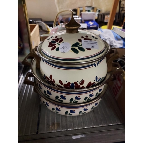 616 - Set Of 3 Enamel Asta Cooking Pots