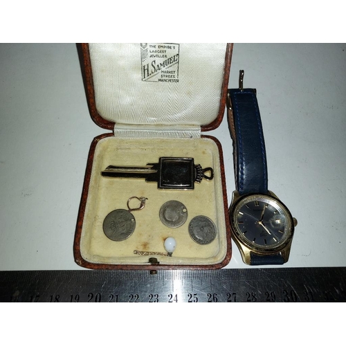 408 - Accurist Gents Watch Plus A Key Pendant Plus 3 Silver Sixpences Plus Earring Needs Reattaching