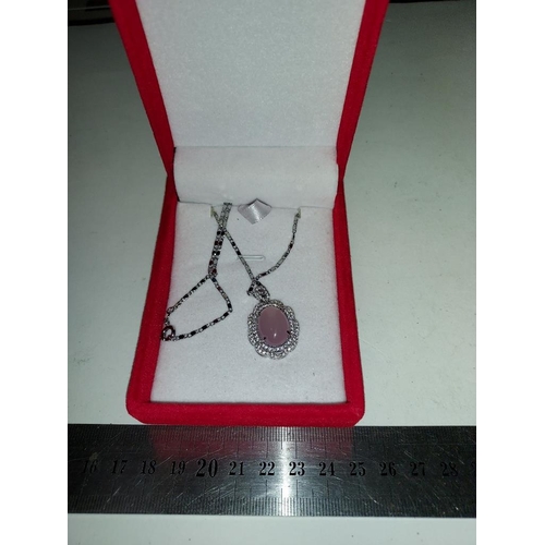 409 - Silver Pink Stone Pendant On Chain