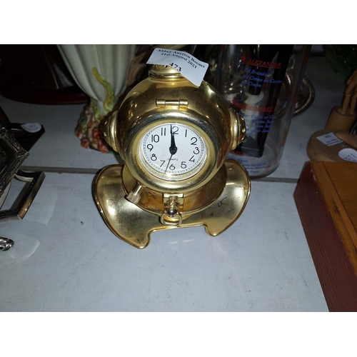 473 - Brass Divers Helmet Clock Needs Battery