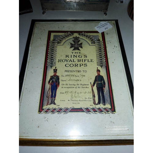 476 - The King Royal Rifle Corps Certificate Presented To No 6839925 Smithers 29/8/18-4/12/36