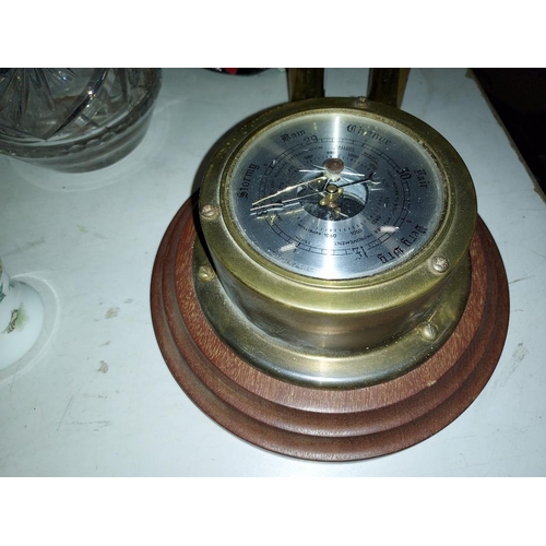 507 - Brass Barometer On Wooden Base