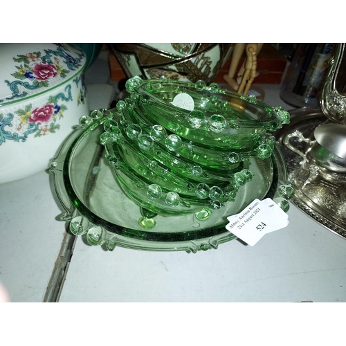 524 - 1950'S Green Glass Dessert Set (Large Bowl A/F)