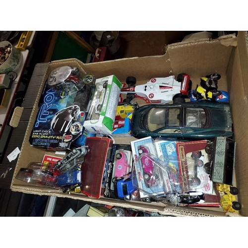 550 - Large Fruit Box Of Diecast Cars Motorbike Lorries Etc Including A Tron Bike