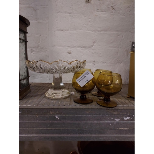 276 - 4 Small Amber Glasses Plus A Cut Glass Crystal Footed Dish