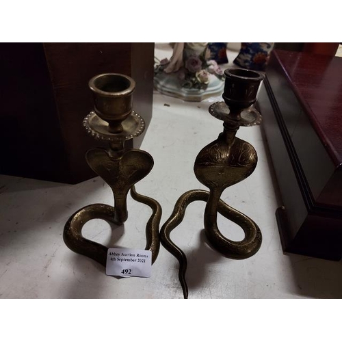 492 - Pair Of Brass Cobra Candlesticks