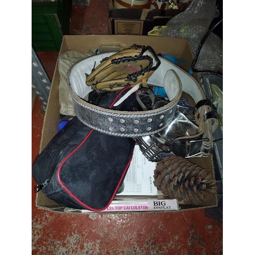 608 - Box Of Assorted Items Including A Weight Lifters Belt