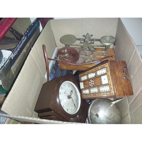 203 - Selection Of Treasures Including Art Deco Ferranti Mantle Clock And Small Set Of Postal Scales