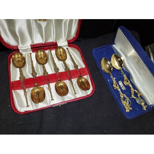 306 - Vintage Gold Plated Anointing Set Of 6 Spoons In Case, With Australian 2 Gold Plated Opal Stone Hand... 