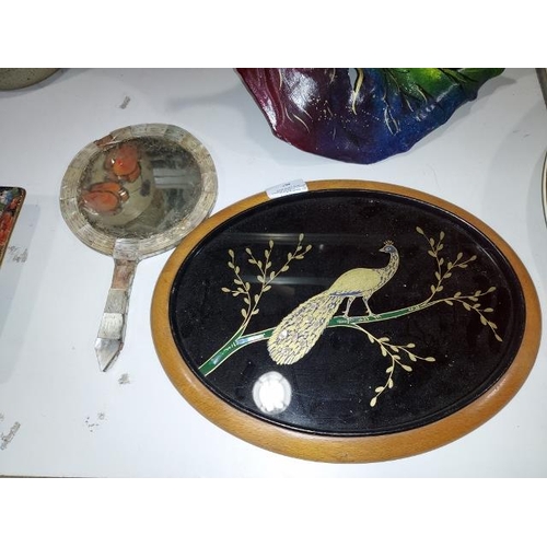 467 - Mother Of Pearl Inlaid Bird Patterned Wall Plaque Plus Mother Of Pearl Hand Mirror A/F