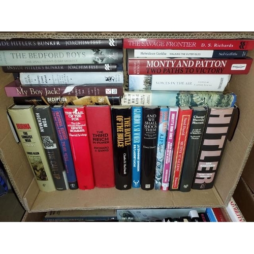 64 - 4 Boxes Of Military & War Books Including Japan, Hitler, Tanks, Guns Etc.