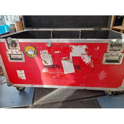 73 - Large Red Flight Case On Wheels, Burn The Floor Writing On Side