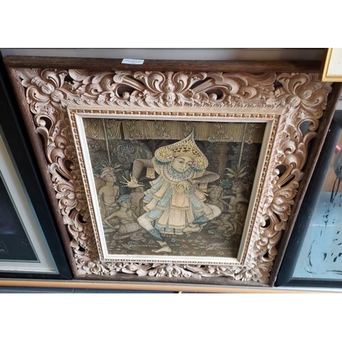 116 - Wooden Carved Frame Asian Painting On Fabric