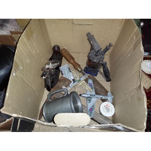 258 - Box Of Assorted Items Including Vintage Blow Torch And Carpenters Plane