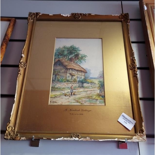 110 - Framed Watercolour Of A Kentish Cottage. Signed T.H.Lillian. Damage To Frame