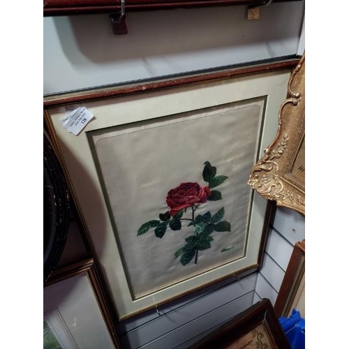 129 - Framed Embroidered Rose On Silk Signed