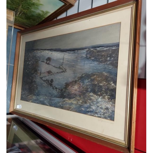 135 - Large Framed Watercolour Painting Of Winter Evening, Queen Down Warren, Hartlip Kent, Signed